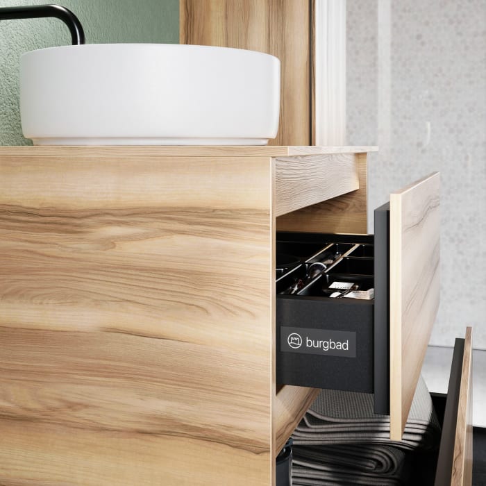 burgbad Lin20 Waschtischunterschrank mit Konsolenplatte 60 cm, 3 Auszüge, Beckenausschnitt mittig