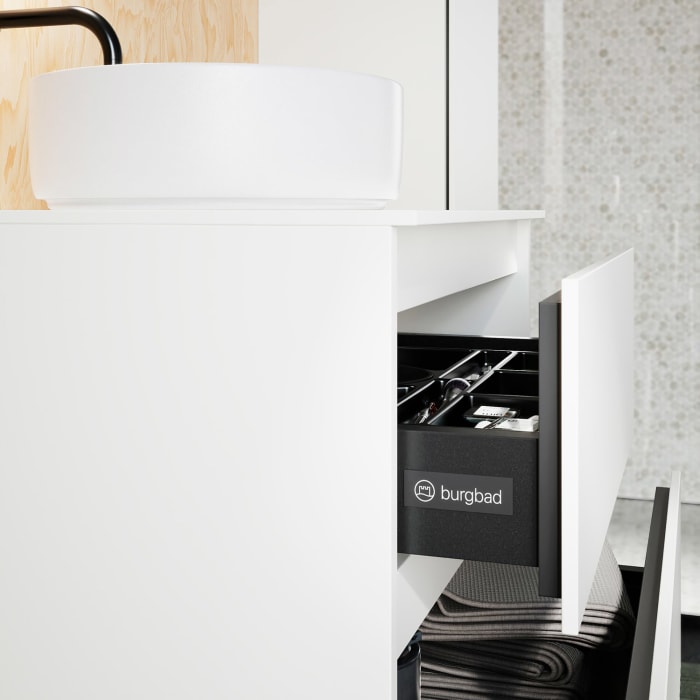 burgbad Lin20 Waschtischunterschrank mit Konsolenplatte 60 cm, 3 Auszüge, Beckenausschnitt mittig