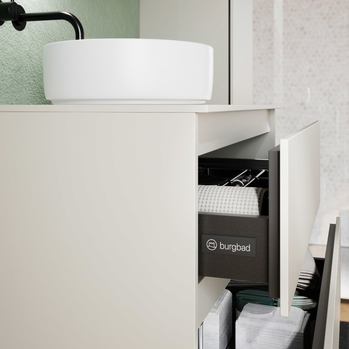 burgbad Lin20 Waschtischunterschrank mit Konsolenplatte 80 cm,  3 Auszüge, Beckenausschnitt mittig