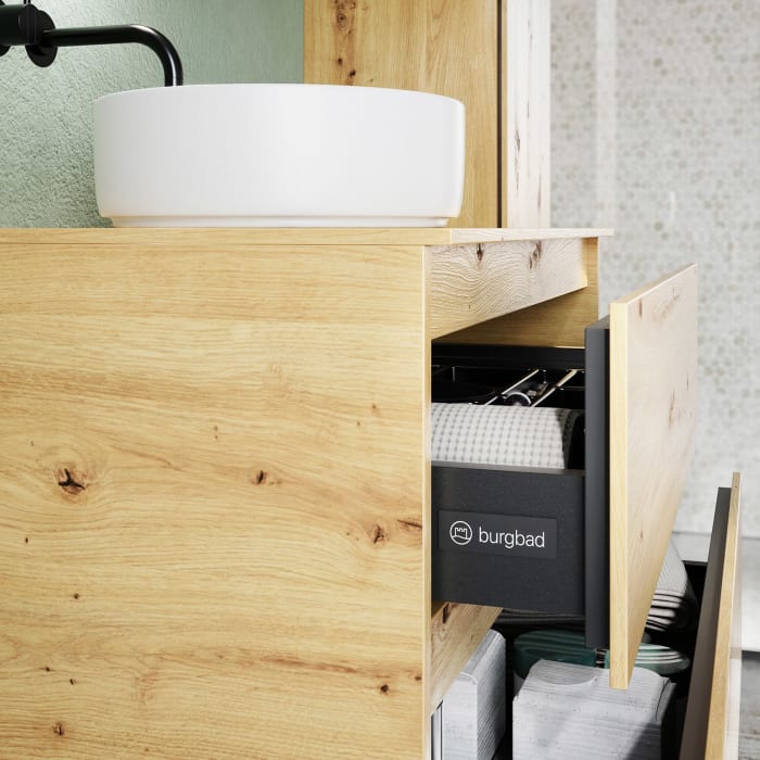 burgbad Lin20 Waschtischunterschrank mit Konsolenplatte 80 cm, 3 Auszüge, Beckenausschnitt mittig