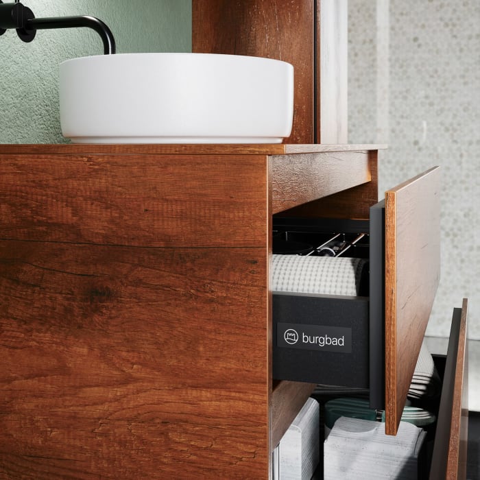 burgbad Lin20 Waschtischunterschrank mit Konsolenplatte 80 cm, 3 Auszüge, Beckenausschnitt mittig