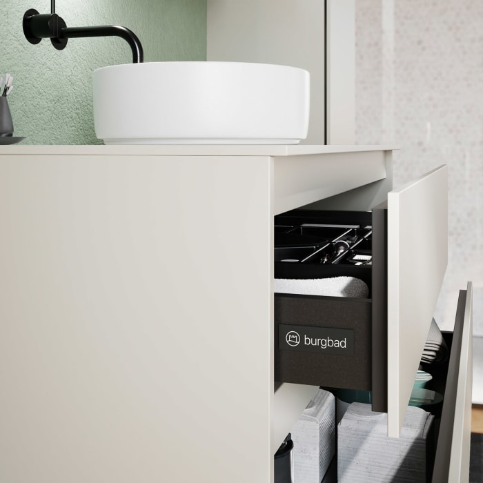 burgbad Lin20 Waschtischunterschrank mit Konsolenplatte 100 cm,  3 Auszüge, Beckenausschnitt mittig