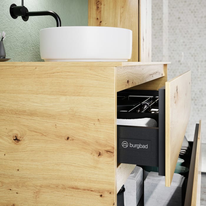 burgbad Lin20 Waschtischunterschrank mit Konsolenplatte 100 cm, 3 Auszüge, Beckenausschnitt mittig