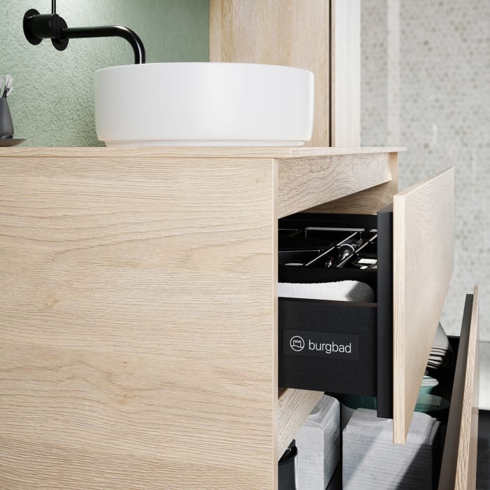 burgbad Lin20 Waschtischunterschrank mit Konsolenplatte 100 cm, 3 Auszüge, Beckenausschnitt mittig