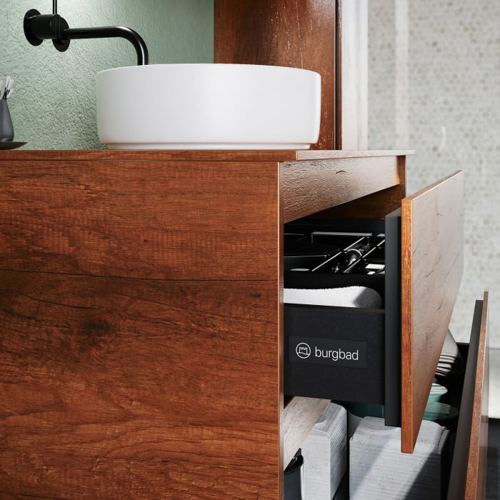 burgbad Lin20 Waschtischunterschrank mit Konsolenplatte 100 cm, 3 Auszüge, Beckenausschnitt mittig