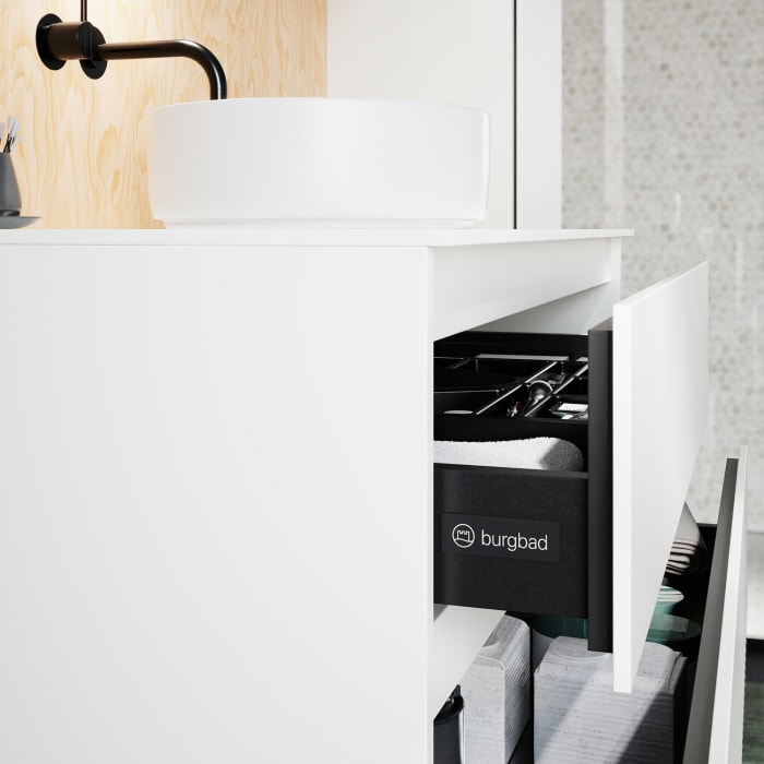 burgbad Lin20 Waschtischunterschrank mit Konsolenplatte 100 cm, 3 Auszüge, Beckenausschnitt mittig