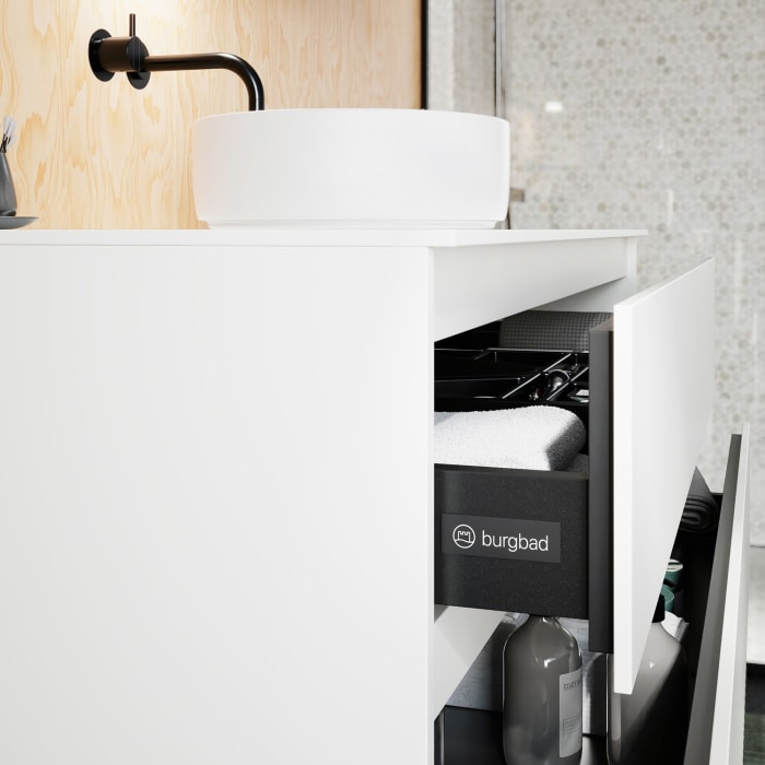 burgbad Lin20 Waschtischunterschrank mit Konsolenplatte 120 cm, 3 Auszüge, Beckenausschnitt mittig