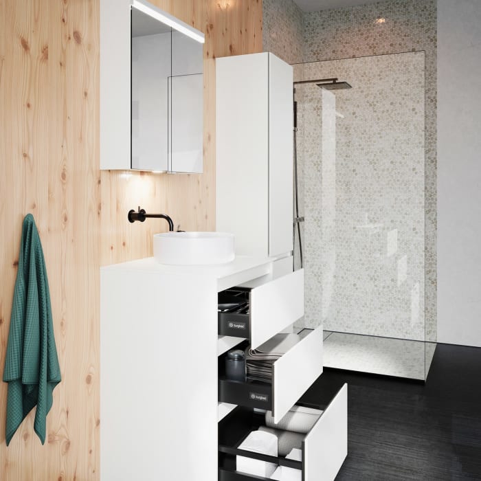 burgbad Lin20 Waschtischunterschrank mit Konsolenplatte 60 cm,  3 Auszüge, Beckenausschnitt mittig