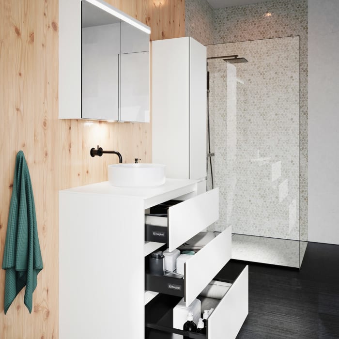 burgbad Lin20 Waschtischunterschrank mit Konsolenplatte 80 cm,  3 Auszüge, Beckenausschnitt mittig