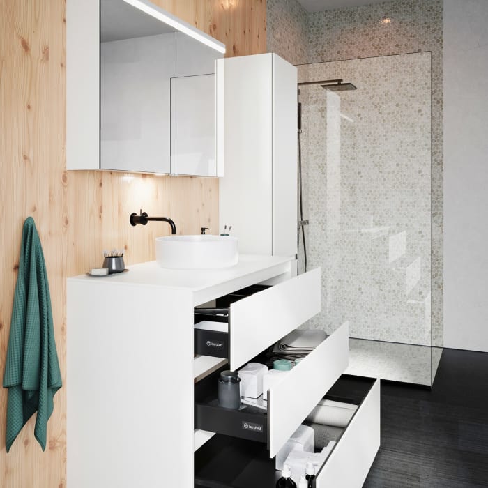 burgbad Lin20 Waschtischunterschrank mit Konsolenplatte 100 cm,  3 Auszüge, Beckenausschnitt mittig