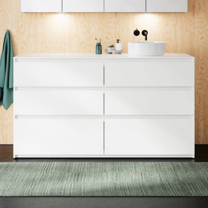 burgbad Lin20 Waschtischunterschrank mit Konsolenplatte 160 cm, 6 Auszüge, Beckenausschnitt rechts