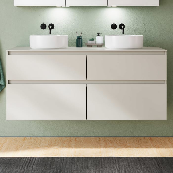 burgbad Lin20 Waschtischunterschrank mit Konsolenplatte 140 cm, 4 Auszüge, Beckenausschnitt links und rechts