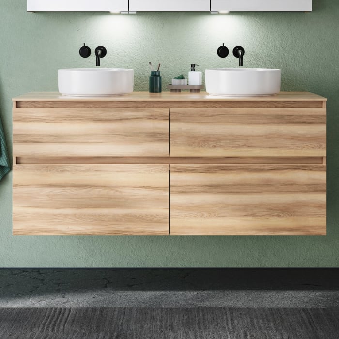 burgbad Lin20 Waschtischunterschrank mit Konsolenplatte 140 cm, 4 Auszüge, Beckenausschnitt links und rechts