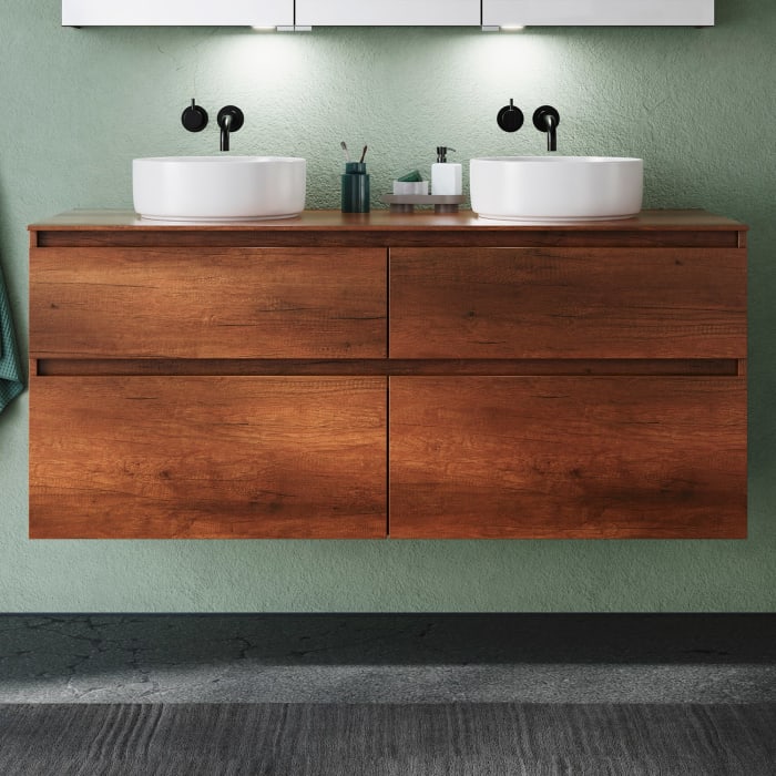 burgbad Lin20 Waschtischunterschrank mit Konsolenplatte 140 cm, 4 Auszüge, Beckenausschnitt links und rechts