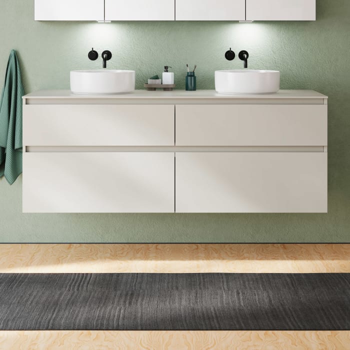 burgbad Lin20 Waschtischunterschrank mit Konsolenplatte 160 cm, 4 Auszüge, Beckenausschnitt links und rechts