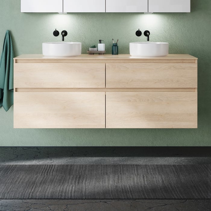 burgbad Lin20 Waschtischunterschrank mit Konsolenplatte 160 cm, 4 Auszüge, Beckenausschnitt links und rechts