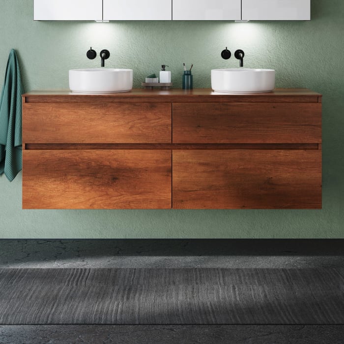 burgbad Lin20 Waschtischunterschrank mit Konsolenplatte 160 cm, 4 Auszüge, Beckenausschnitt links und rechts