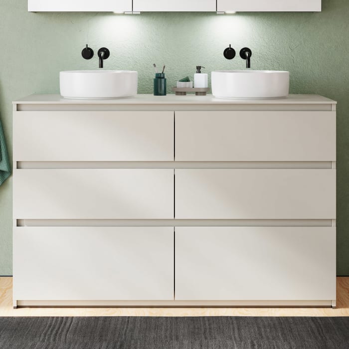 burgbad Lin20 Waschtischunterschrank mit Konsolenplatte 140 cm, 6 Auszüge, Beckenausschnitt links und rechts