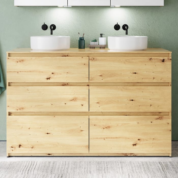 burgbad Lin20 Waschtischunterschrank mit Konsolenplatte 140 cm, 6 Auszüge, Beckenausschnitt links und rechts