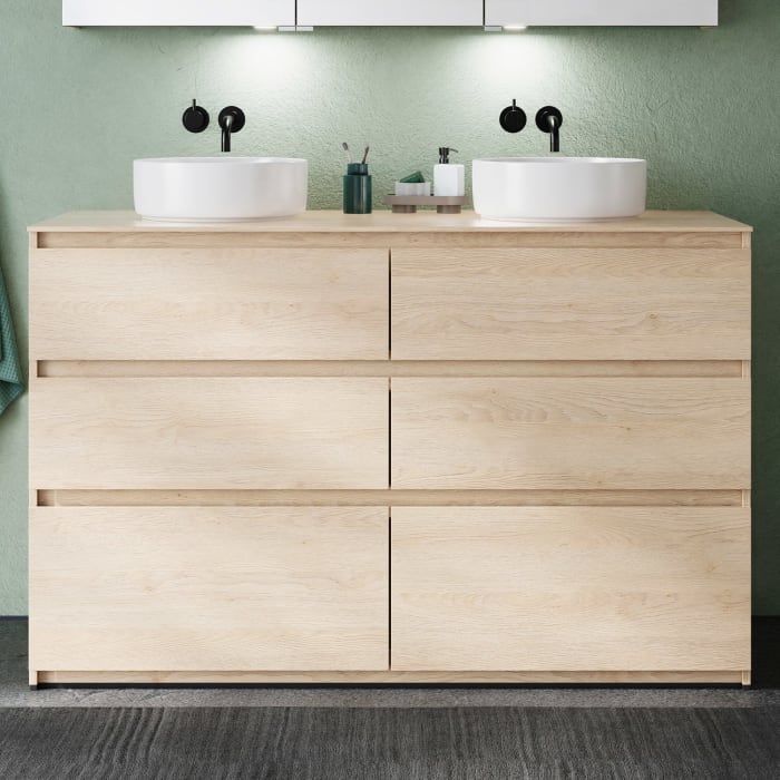 burgbad Lin20 Waschtischunterschrank mit Konsolenplatte 140 cm, 6 Auszüge, Beckenausschnitt links und rechts