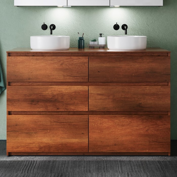 burgbad Lin20 Waschtischunterschrank mit Konsolenplatte 140 cm, 6 Auszüge, Beckenausschnitt links und rechts