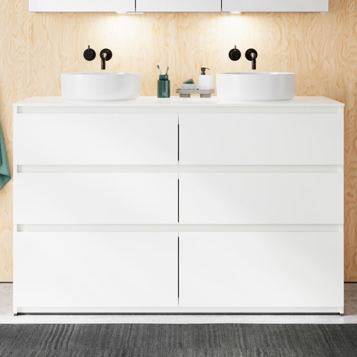 burgbad Lin20 Waschtischunterschrank mit Konsolenplatte 140 cm, 6 Auszüge, Beckenausschnitt links und rechts