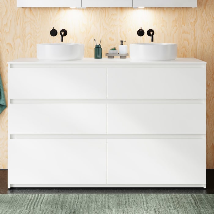 burgbad Lin20 Waschtischunterschrank mit Konsolenplatte 140 cm, 6 Auszüge, Beckenausschnitt links und rechts