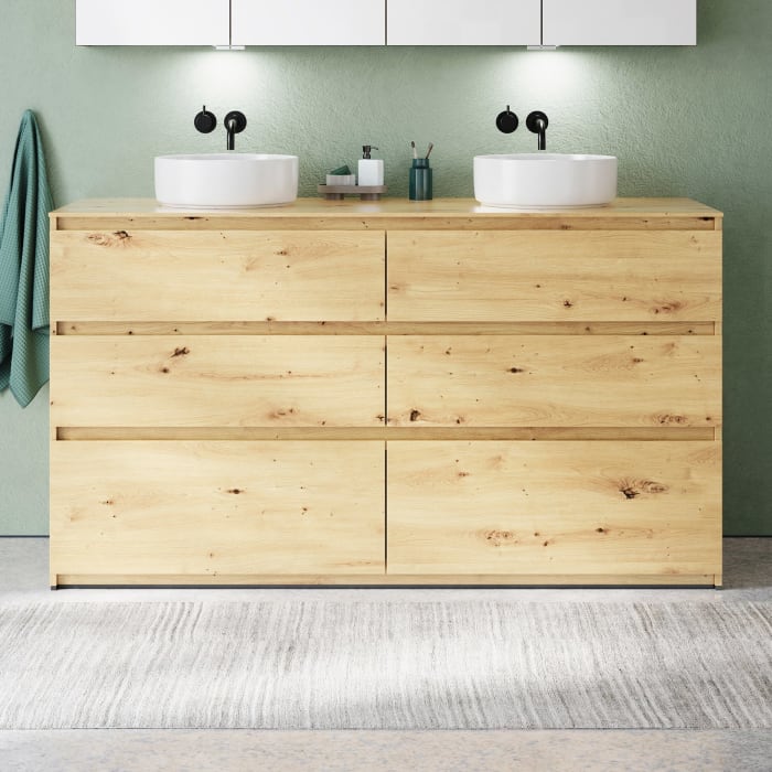 burgbad Lin20 Waschtischunterschrank mit Konsolenplatte 160 cm, 6 Auszüge, Beckenausschnitt links und rechts