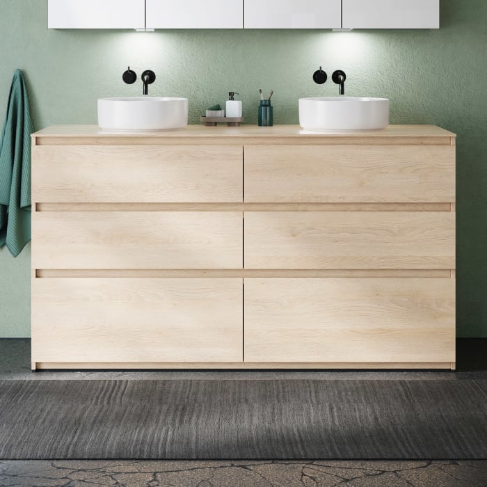 burgbad Lin20 Waschtischunterschrank mit Konsolenplatte 160 cm, 6 Auszüge, Beckenausschnitt links und rechts