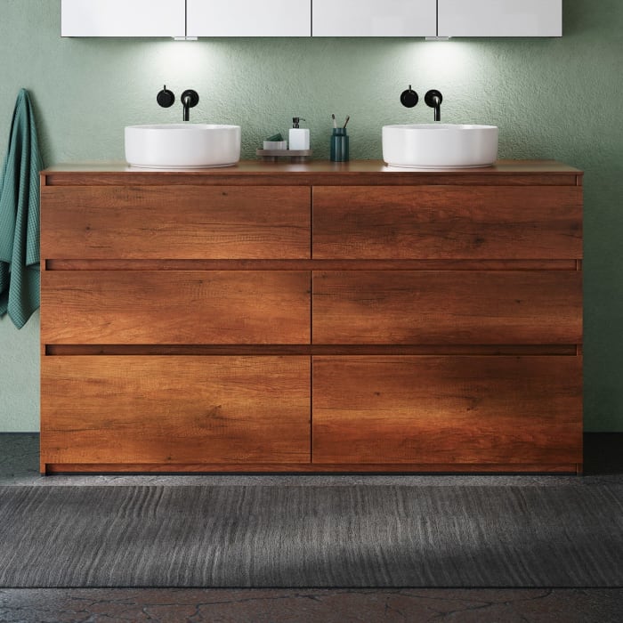 burgbad Lin20 Waschtischunterschrank mit Konsolenplatte 160 cm, 6 Auszüge, Beckenausschnitt links und rechts