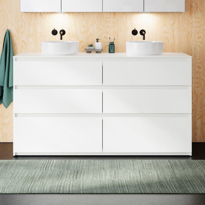 burgbad Lin20 Waschtischunterschrank mit Konsolenplatte 160 cm, 6 Auszüge, Beckenausschnitt links und rechts