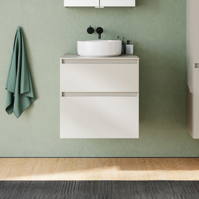 burgbad Lin20 Waschtischunterschrank mit Konsolenplatte 60 cm,  2 Auszüge, Beckenausschnitt mittig