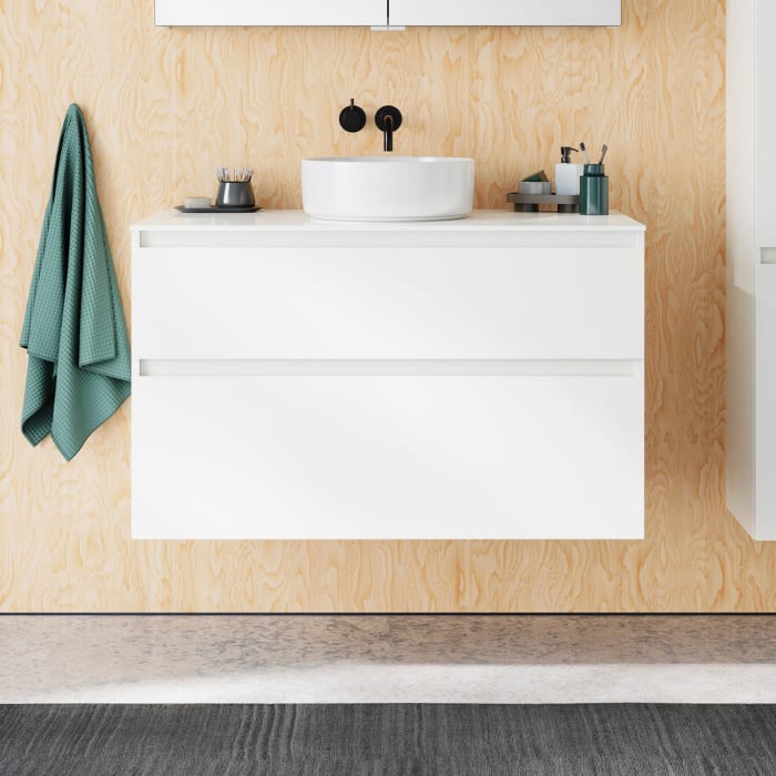 burgbad Lin20 Waschtischunterschrank mit Konsolenplatte 100 cm, 2 Auszüge, Beckenausschnitt mittig