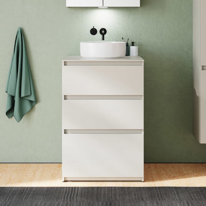 burgbad Lin20 Waschtischunterschrank mit Konsolenplatte 60 cm,  3 Auszüge, Beckenausschnitt mittig