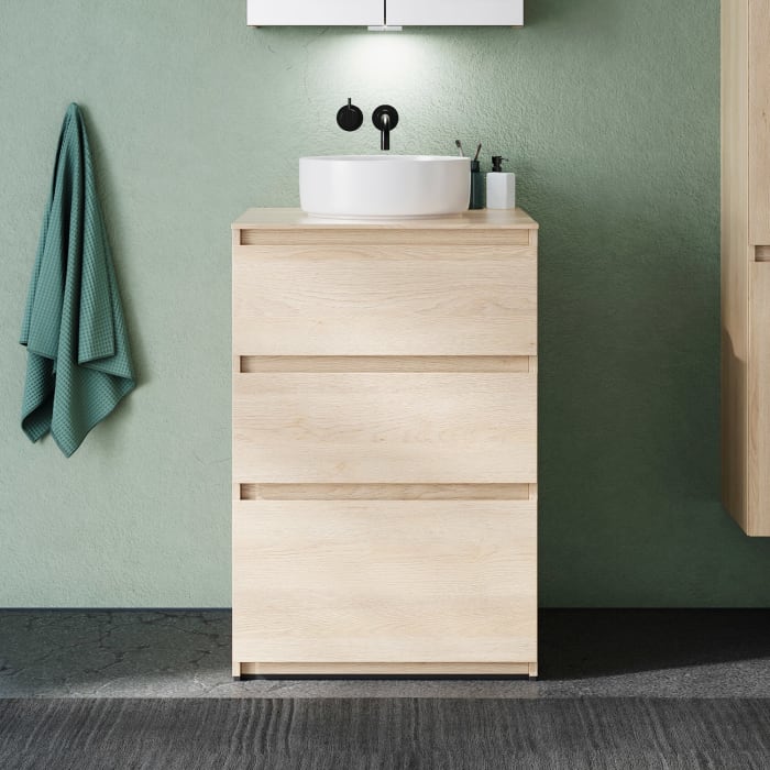 burgbad Lin20 Waschtischunterschrank mit Konsolenplatte 60 cm, 3 Auszüge, Beckenausschnitt mittig