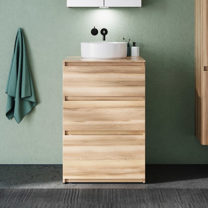 burgbad Lin20 Waschtischunterschrank mit Konsolenplatte 60 cm, 3 Auszüge, Beckenausschnitt mittig