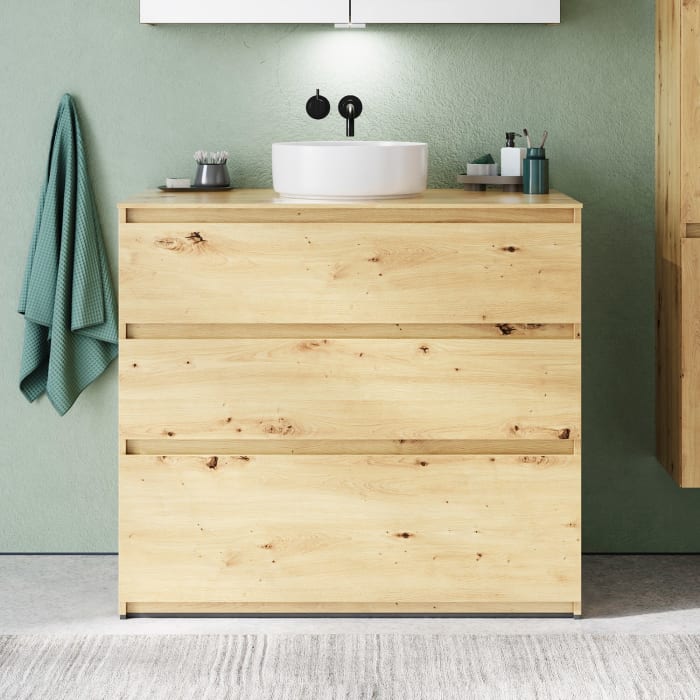 burgbad Lin20 Waschtischunterschrank mit Konsolenplatte 100 cm, 3 Auszüge, Beckenausschnitt mittig