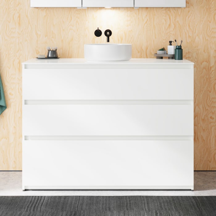 burgbad Lin20 Waschtischunterschrank mit Konsolenplatte 120 cm, 3 Auszüge, Beckenausschnitt mittig