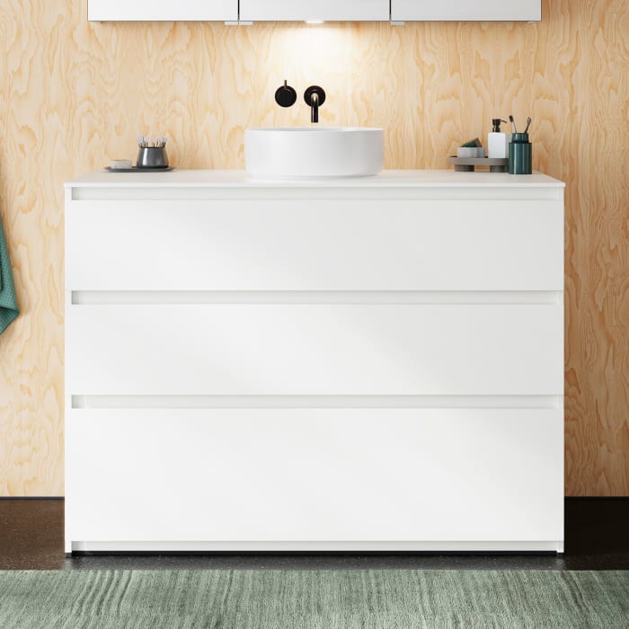 burgbad Lin20 Waschtischunterschrank mit Konsolenplatte 120 cm, 3 Auszüge, Beckenausschnitt mittig