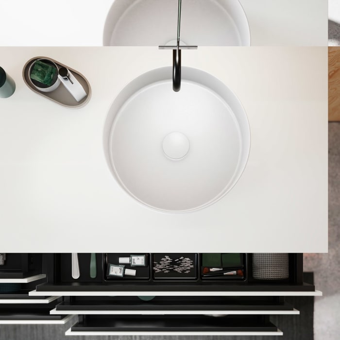 burgbad Lin20 Waschtischunterschrank mit Konsolenplatte 160 cm, 6 Auszüge, Beckenausschnitt rechts