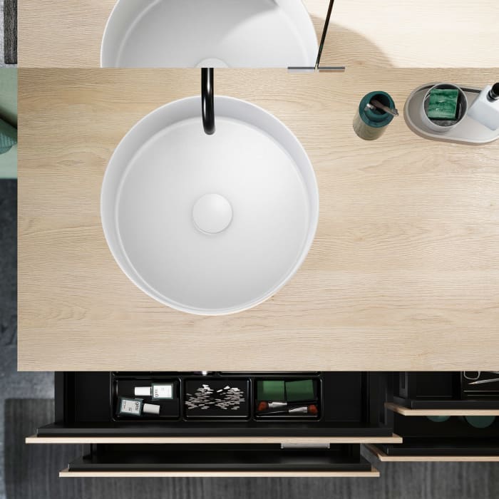 burgbad Lin20 Waschtischunterschrank mit Konsolenplatte 140 cm, 4 Auszüge, Beckenausschnitt links und rechts