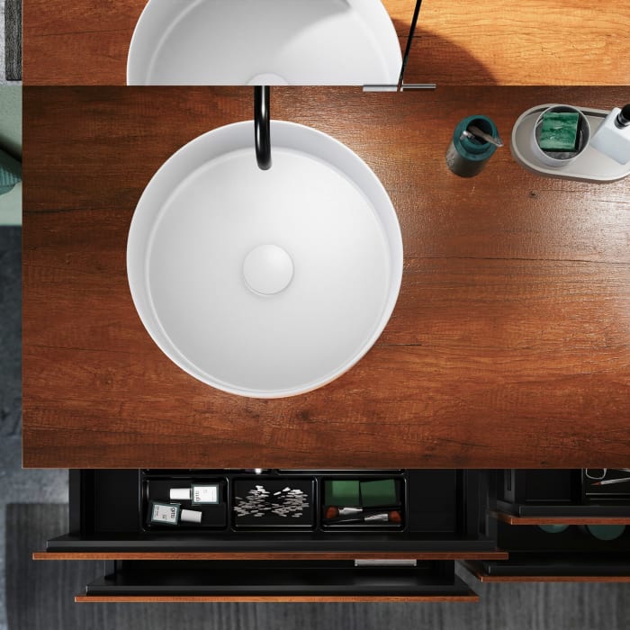 burgbad Lin20 Waschtischunterschrank mit Konsolenplatte 140 cm, 4 Auszüge, Beckenausschnitt links und rechts