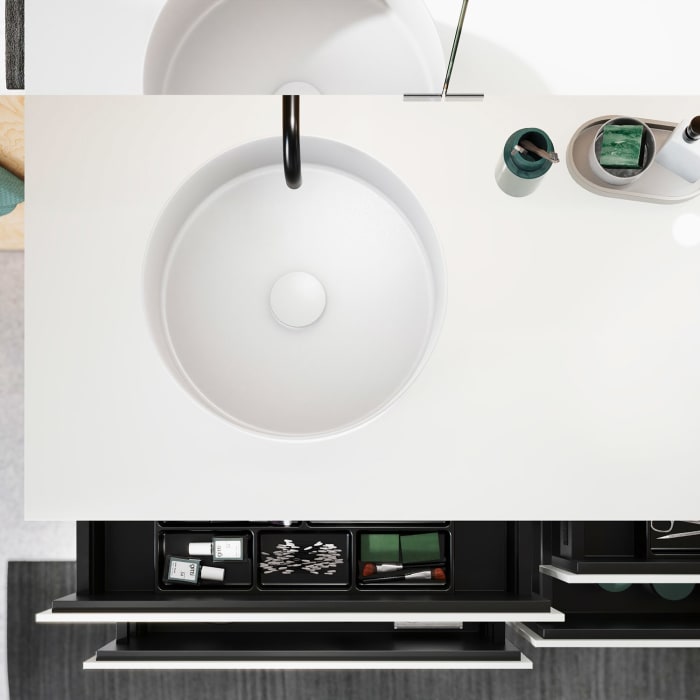 burgbad Lin20 Waschtischunterschrank mit Konsolenplatte 140 cm, 4 Auszüge, Beckenausschnitt links und rechts