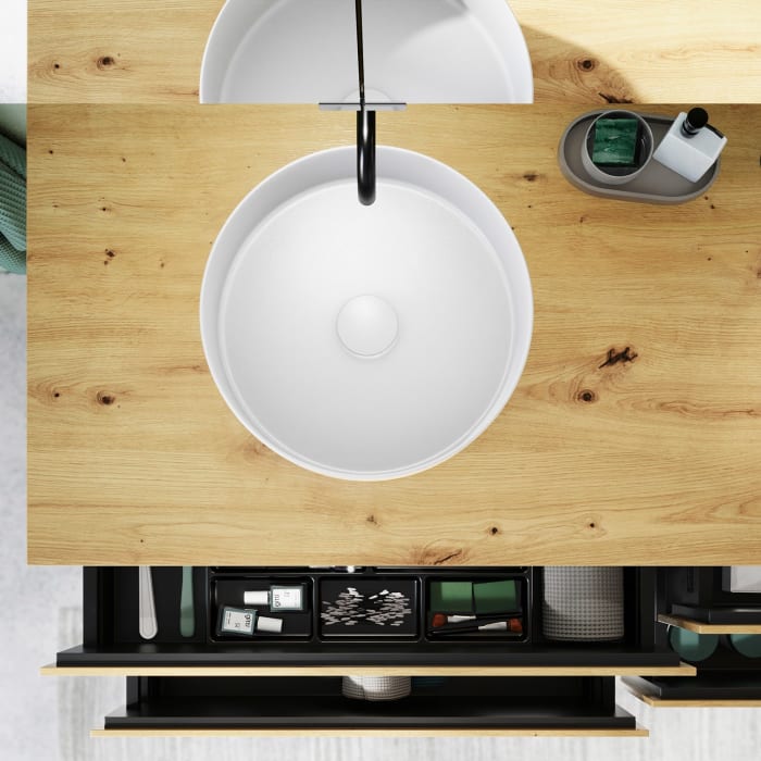 burgbad Lin20 Waschtischunterschrank mit Konsolenplatte 160 cm, 4 Auszüge, Beckenausschnitt links und rechts