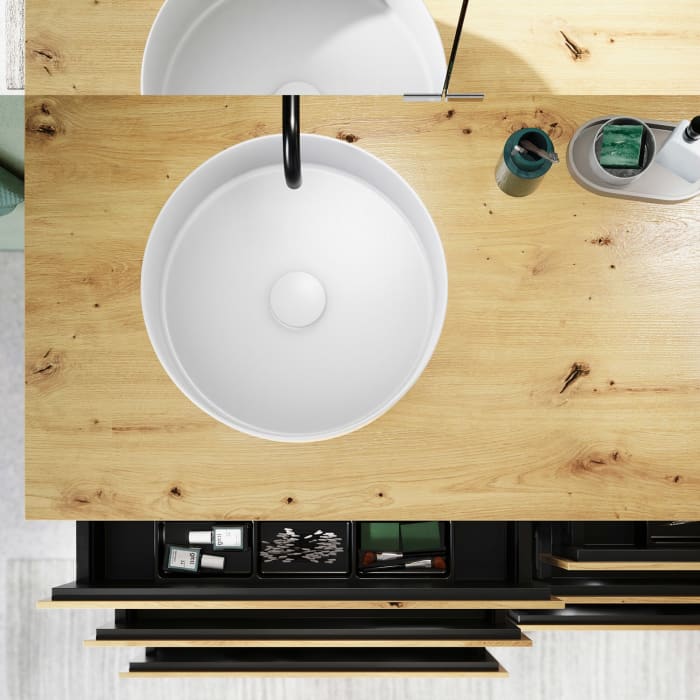 burgbad Lin20 Waschtischunterschrank mit Konsolenplatte 140 cm, 6 Auszüge, Beckenausschnitt links und rechts