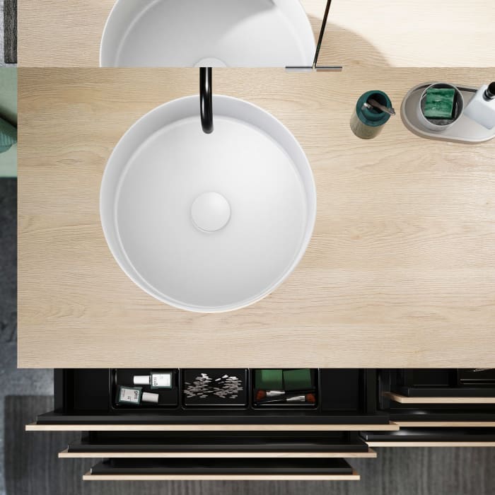 burgbad Lin20 Waschtischunterschrank mit Konsolenplatte 140 cm, 6 Auszüge, Beckenausschnitt links und rechts