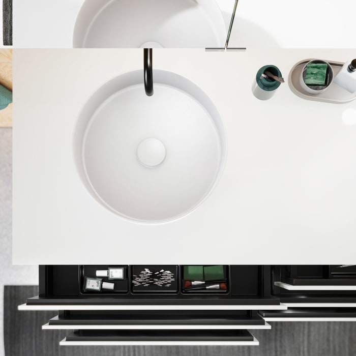 burgbad Lin20 Waschtischunterschrank mit Konsolenplatte 140 cm, 6 Auszüge, Beckenausschnitt links und rechts