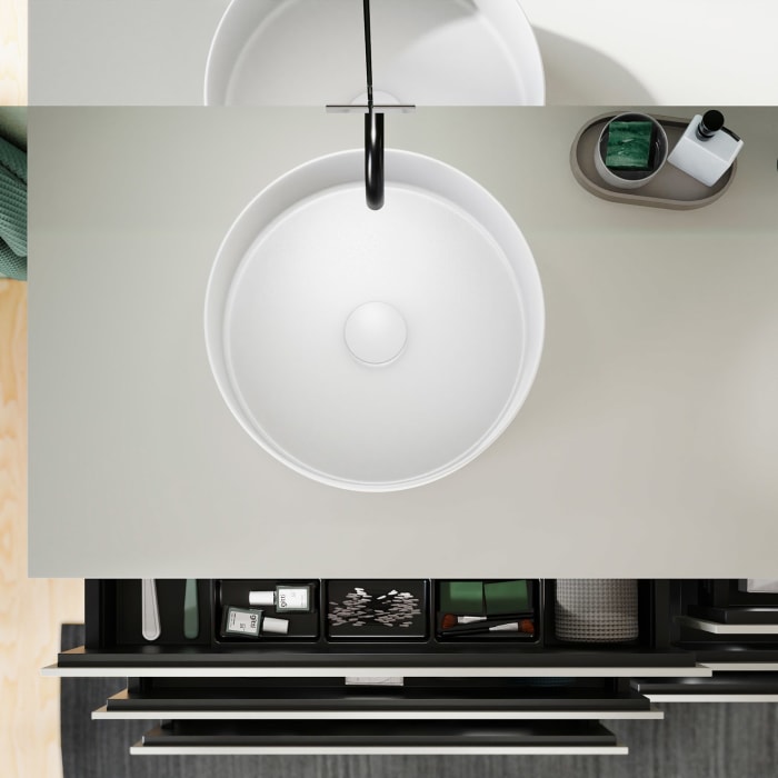 burgbad Lin20 Waschtischunterschrank mit Konsolenplatte 160 cm, 6 Auszüge, Beckenausschnitt links und rechts