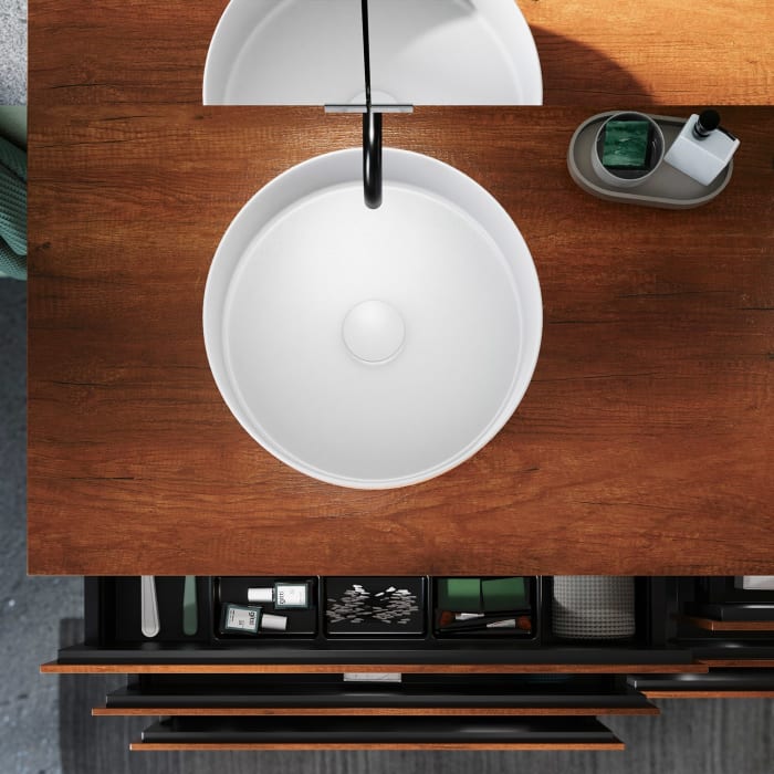 burgbad Lin20 Waschtischunterschrank mit Konsolenplatte 160 cm, 6 Auszüge, Beckenausschnitt links und rechts