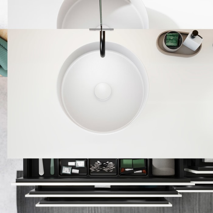 burgbad Lin20 Waschtischunterschrank mit Konsolenplatte 160 cm, 6 Auszüge, Beckenausschnitt links und rechts